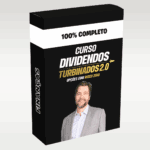 Imagem ilustrativa do curso Dividendos Turbinados – Vicente Guimarães, com gráfico de crescimento de dividendos e ícones de investimento, representando a estratégia de geração de renda passiva com ações.