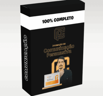 Imagem representando a Formação em Comunicação Persuasiva - Vitor Santos, com elementos visuais ligados à oratória, persuasão e linguagem corporal em contextos profissionais e de liderança.