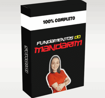 Imagem promocional do curso Fundamentos do Mandarim Dominando o Mandarim Karina Cunha, com símbolos orientais e elementos visuais que remetem ao aprendizado da língua chinesa.